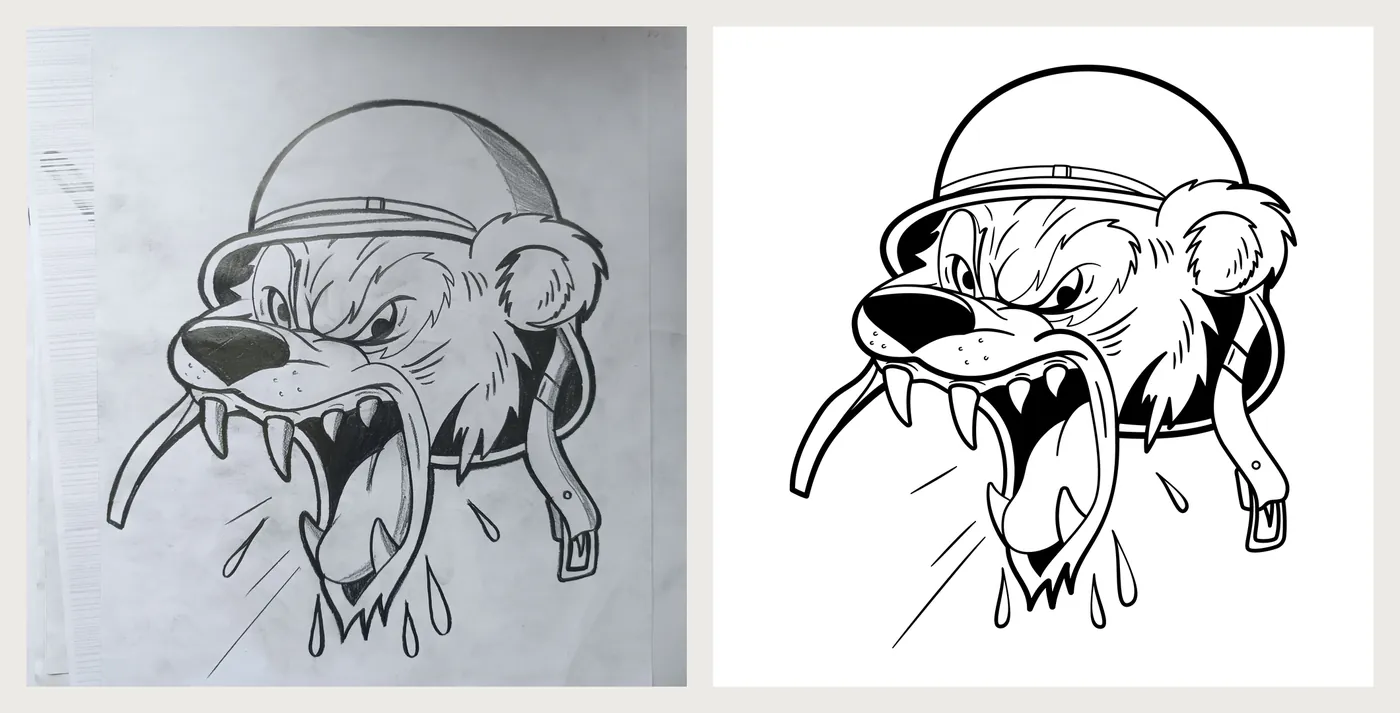 Avant / après : photo du dessin original de l'ours casqué à gauche, version vectorielle nette à droite