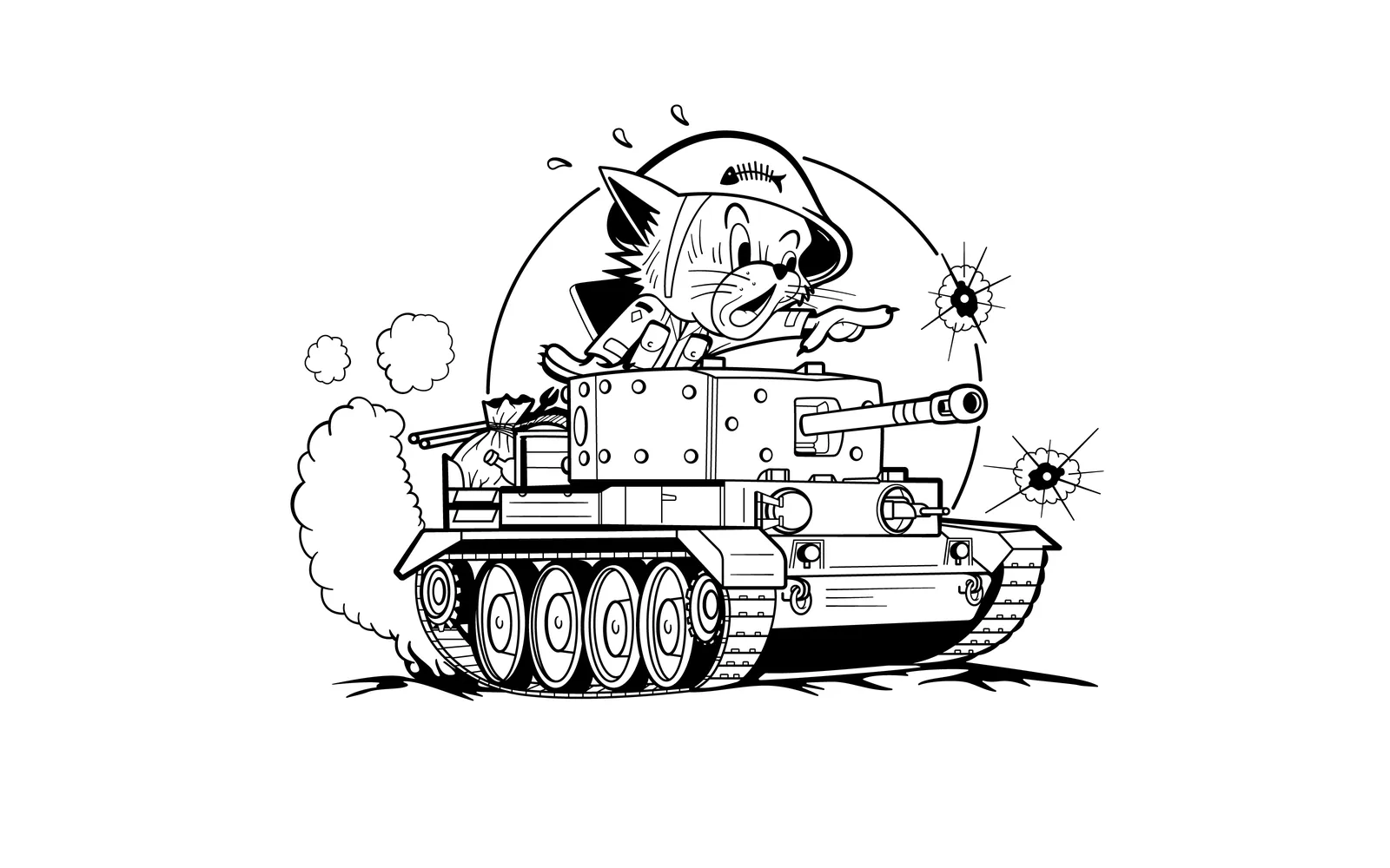 Illustration vectorielle noir et blanc : chat casqué aux commandes d'un char d'assaut, fumée et impacts de balles