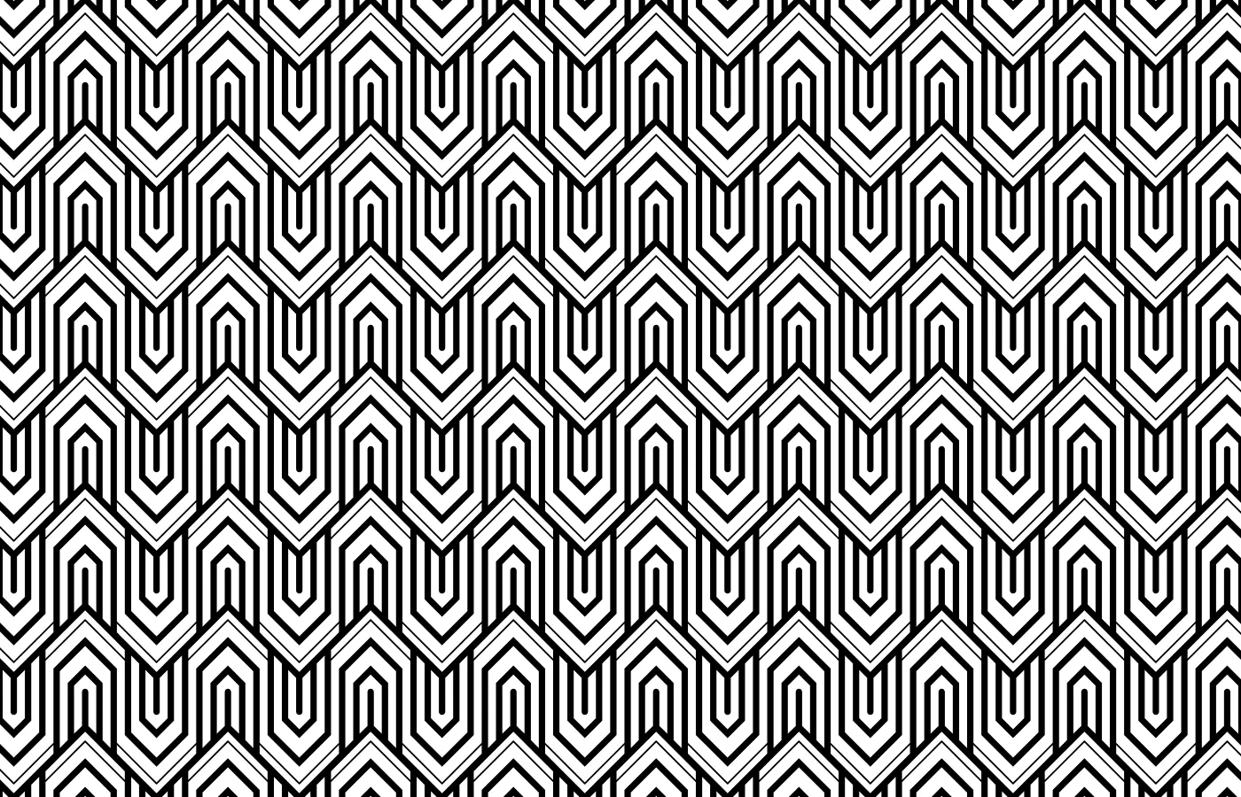 Motif graphique du 8B : rangées serrées de toits et d'arches imbriqués, en noir sur fond blanc