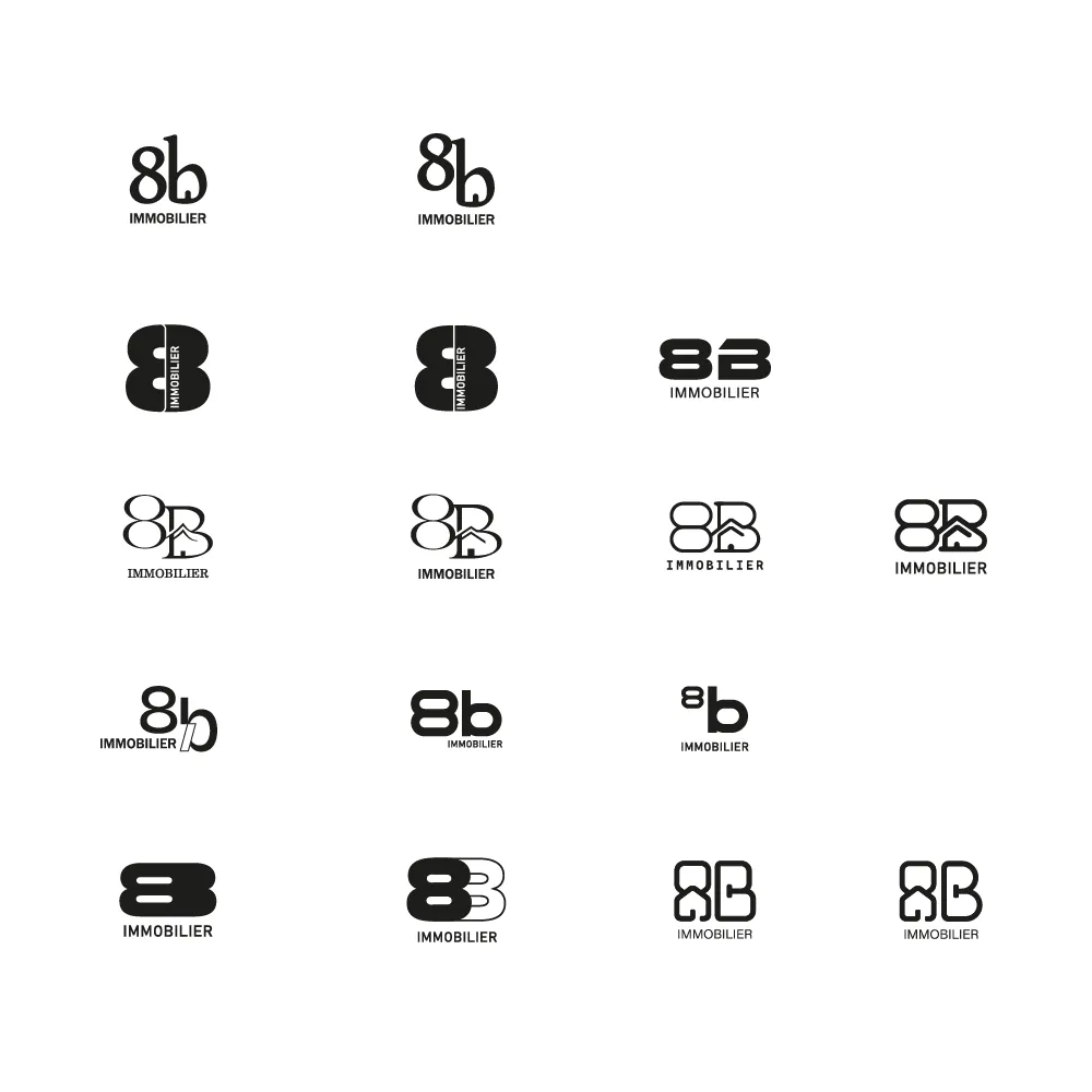 Planche de recherches en noir et blanc : seize variantes du monogramme 8b / 8B, certaines avec une maison, sur le mot IMMOBILIER