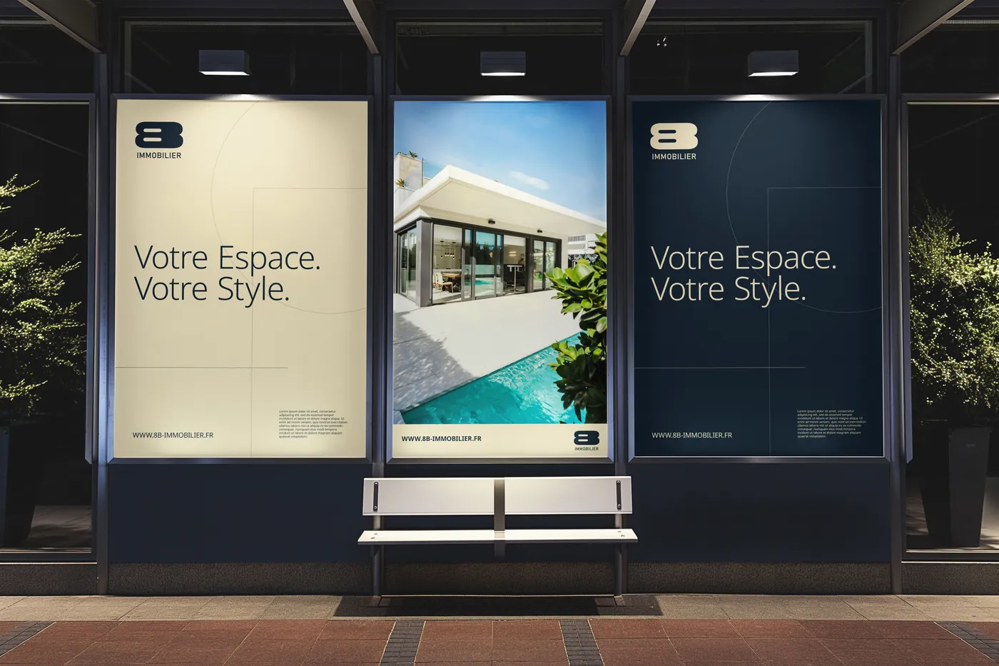 Première piste : abribus éclairés avec affiches « Votre Espace. Votre Style. », photo de villa et ancien logo 8B