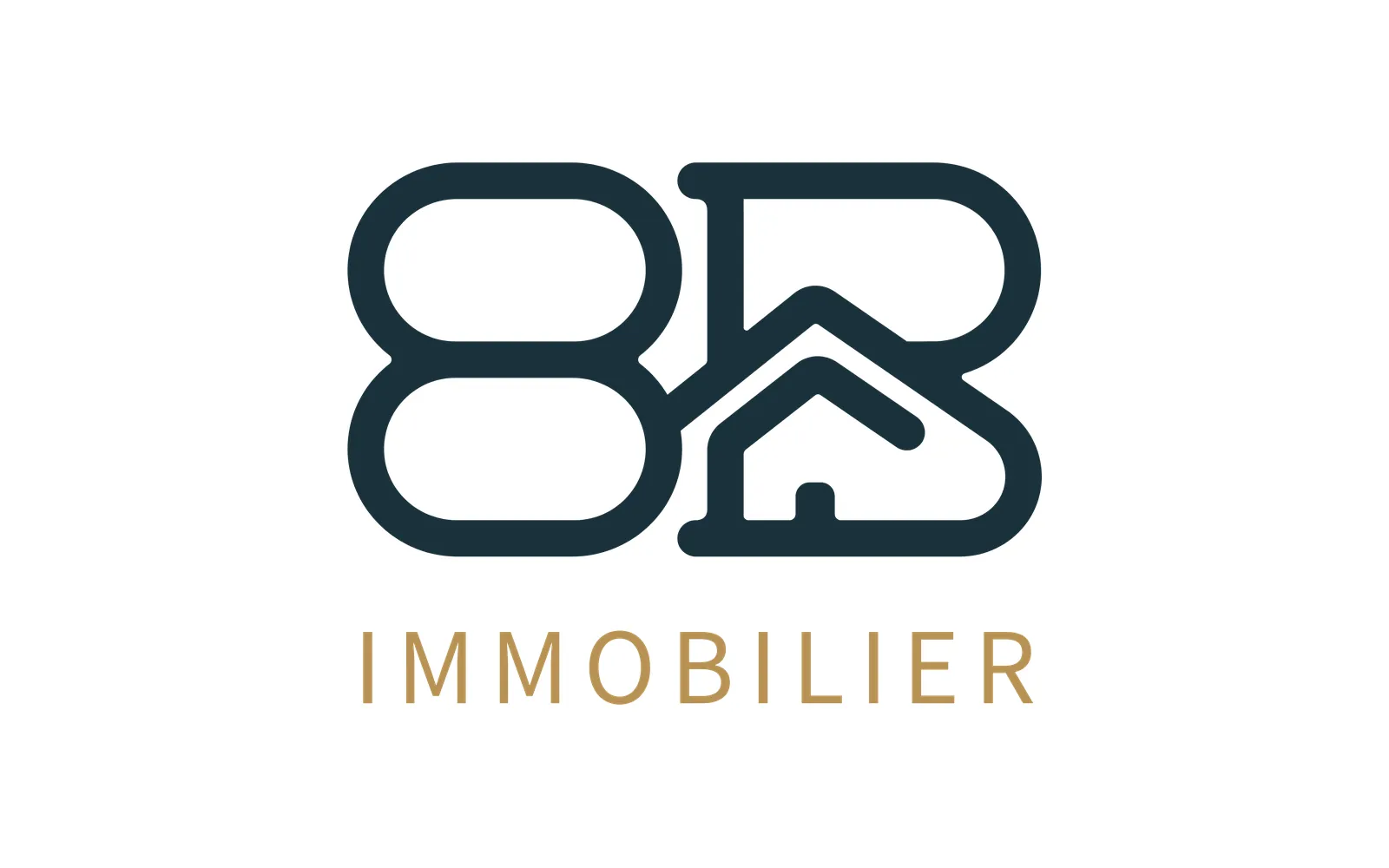 Logo 8B Immobilier : chiffre 8 et lettre B arrondis en bleu nuit, une maison logée dans le B, mot IMMOBILIER en or