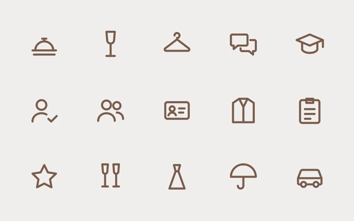 Quinze pictogrammes au trait brun sur vanille : cloche d'accueil, flûte, cintre, bulles, badge, veste, parapluie, voiture…