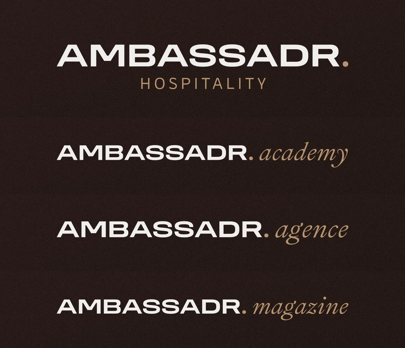 Architecture de marque : AMBASSADR. Hospitality puis les déclinaisons academy, agence et magazine en italique, sur brun nuit