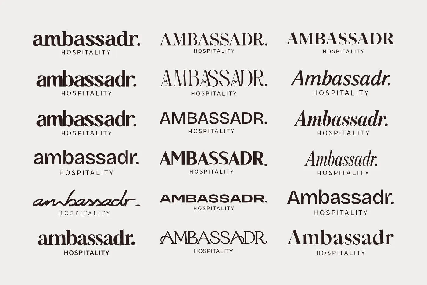 Planche de 18 recherches de logo ambassadr. Hospitality : minuscules, capitales, italiques et version manuscrite