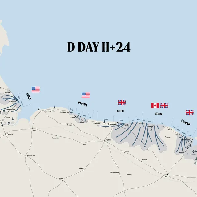 Carte illustrée D-Day H+24 de la côte normande