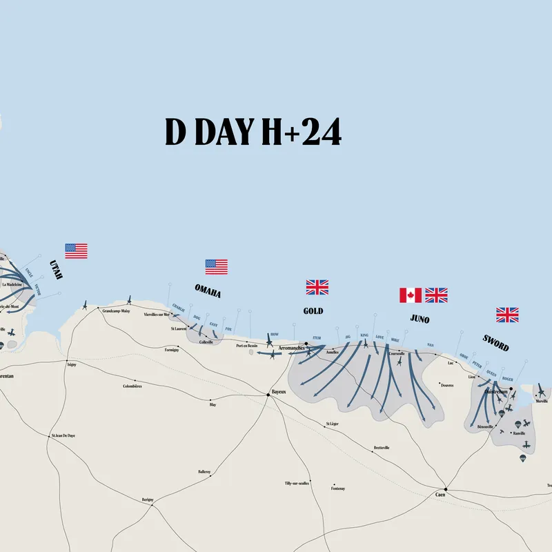Carte illustrée D-Day H+24 de la côte normande et des plages du Débarquement