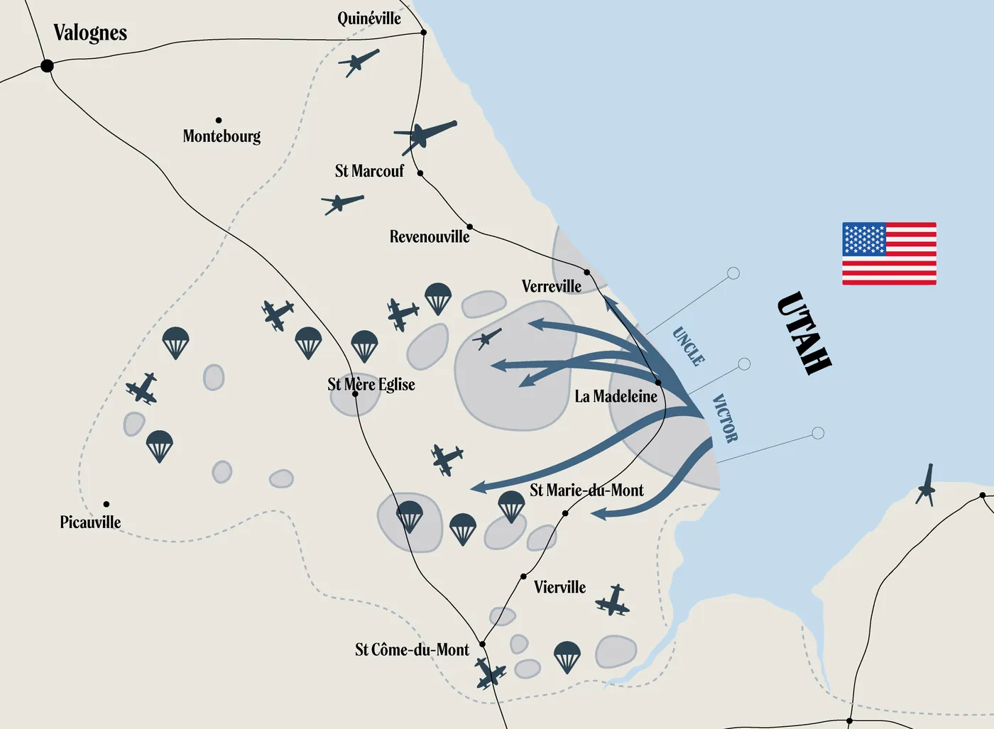 Détail du secteur Utah : flèches de débarquement, avions et parachutes autour de Sainte-Mère-Église