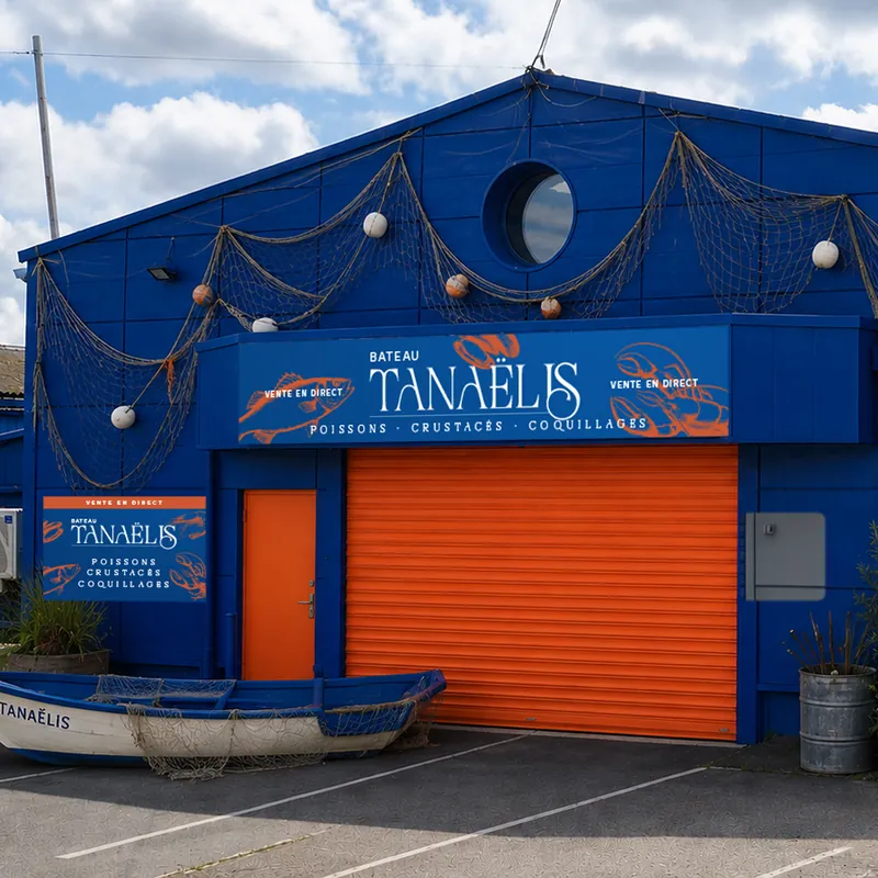 Façade bleue du point de vente TANAËLIS, rideau orange et enseigne