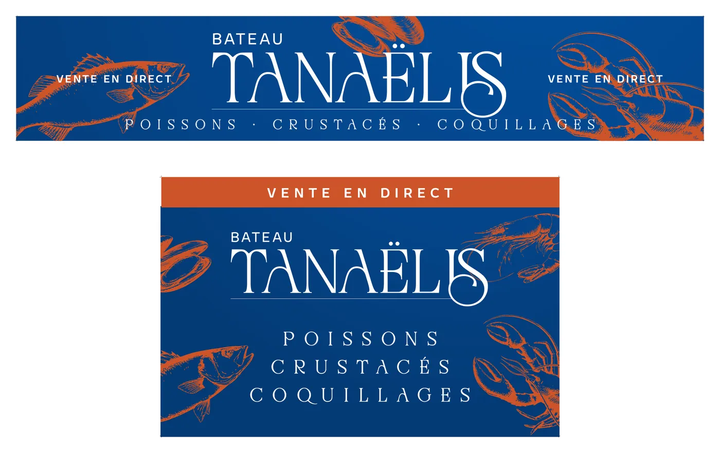 Première version de l'enseigne et du panneau : fond bleu et gravures de poissons et crustacés en orange