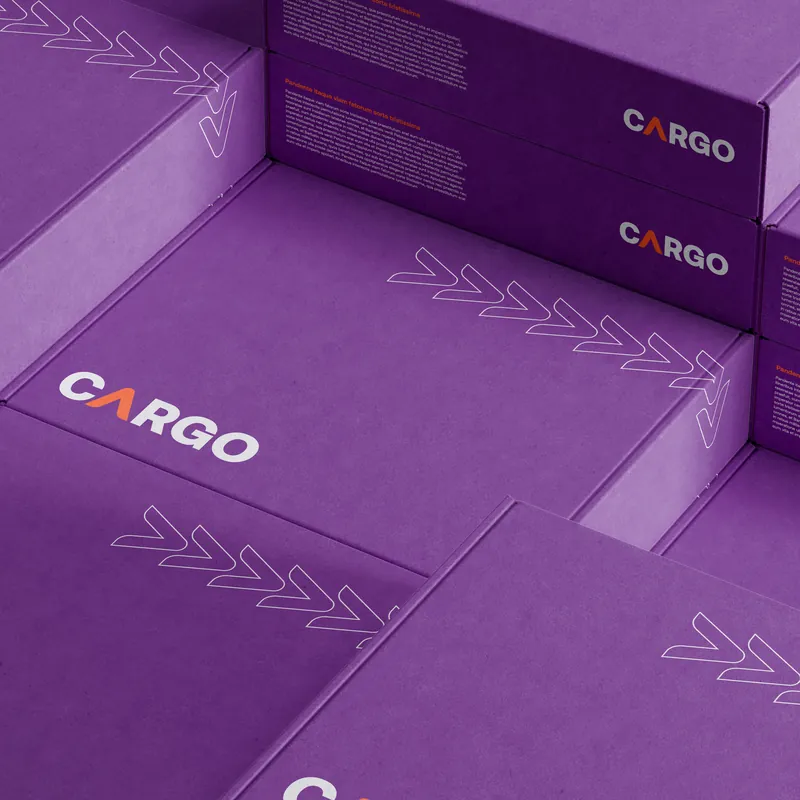 Boîtes d'expédition violettes imprimées du logo Cargo et de chevrons