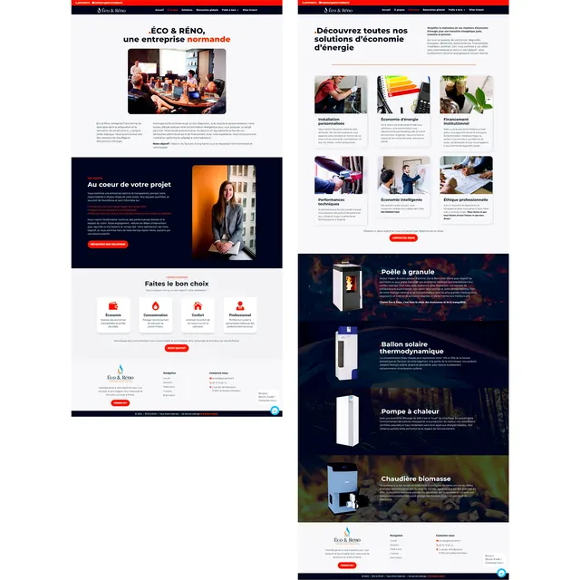 Deux pages du site Éco & Réno : présentation de l'entreprise et solutions d'économie d'énergie