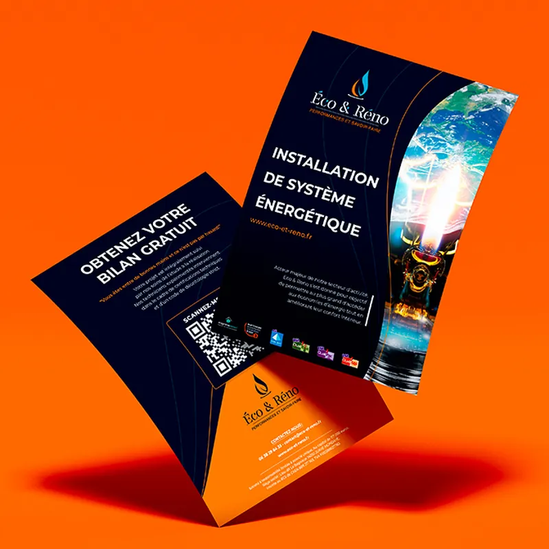Flyers Éco & Réno bleu nuit et orange sur fond orange
