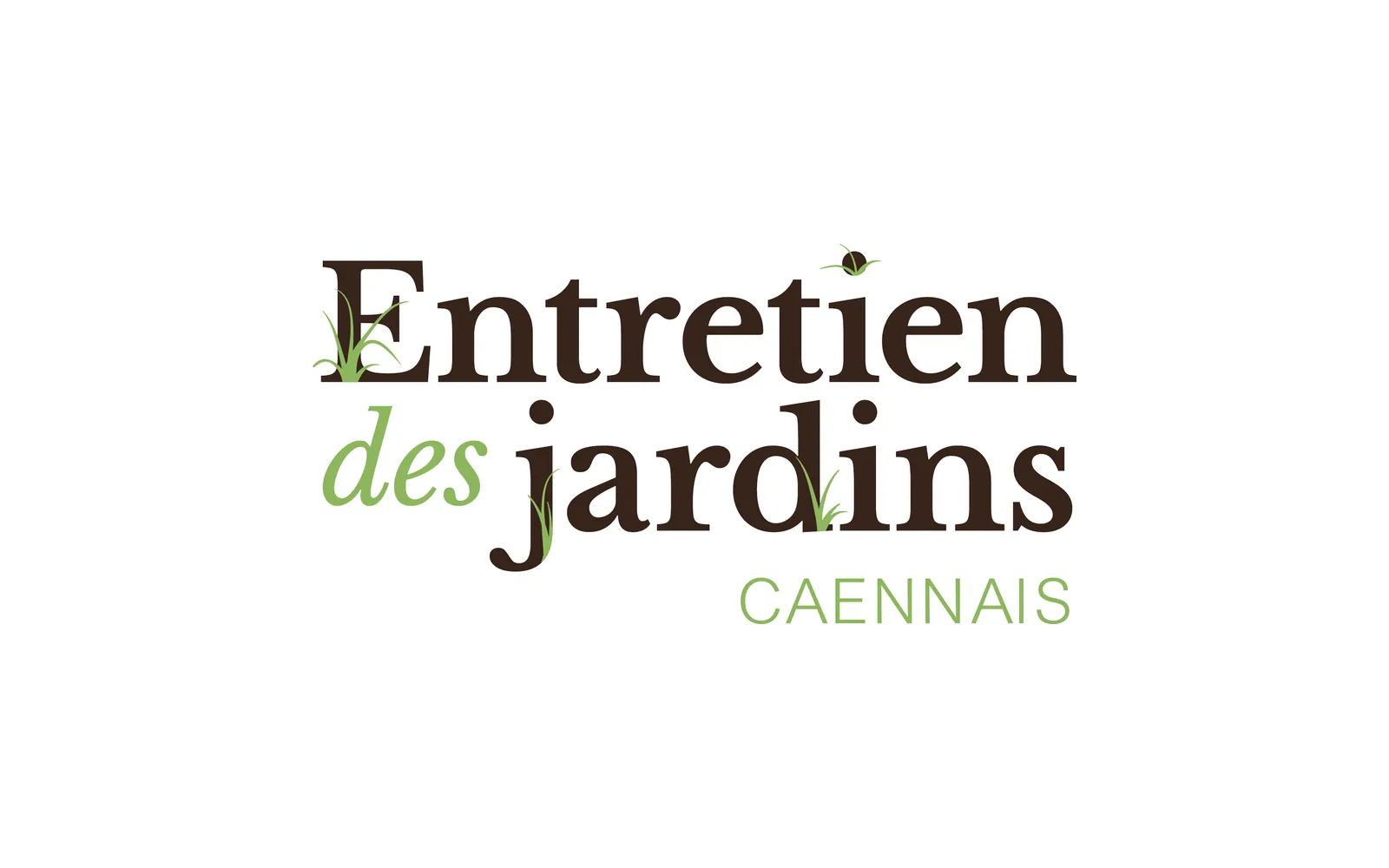 Logo « Entretien des jardins Caennais » : serif brun, « des » en italique vert, brins d'herbe glissés dans les lettres
