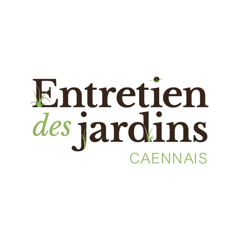 Logo Entretien des jardins, lettrage noir et vert olive orné de brins d'herbe