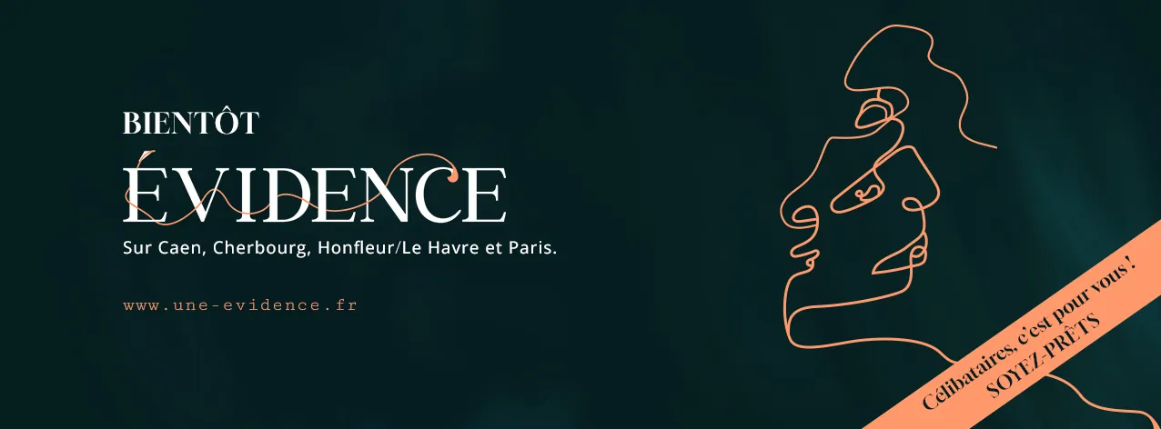 Couverture Facebook « Bientôt Évidence » : sur Caen, Cherbourg, Honfleur/Le Havre et Paris, visages au trait orange