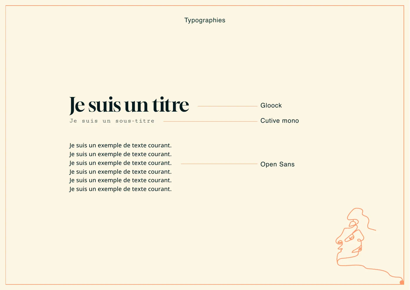 Page typographie : Gloock pour les titres, Cutive Mono pour les sous-titres, Open Sans pour le texte