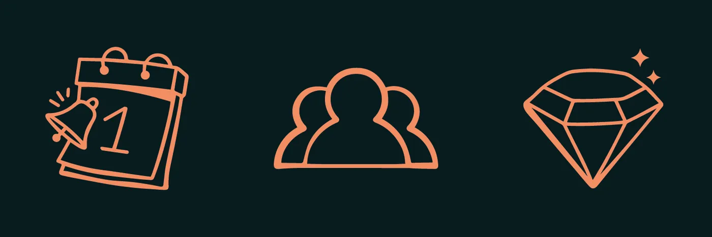 Trois pictogrammes orange au trait sur vert nuit : calendrier avec cloche, groupe de membres, diamant