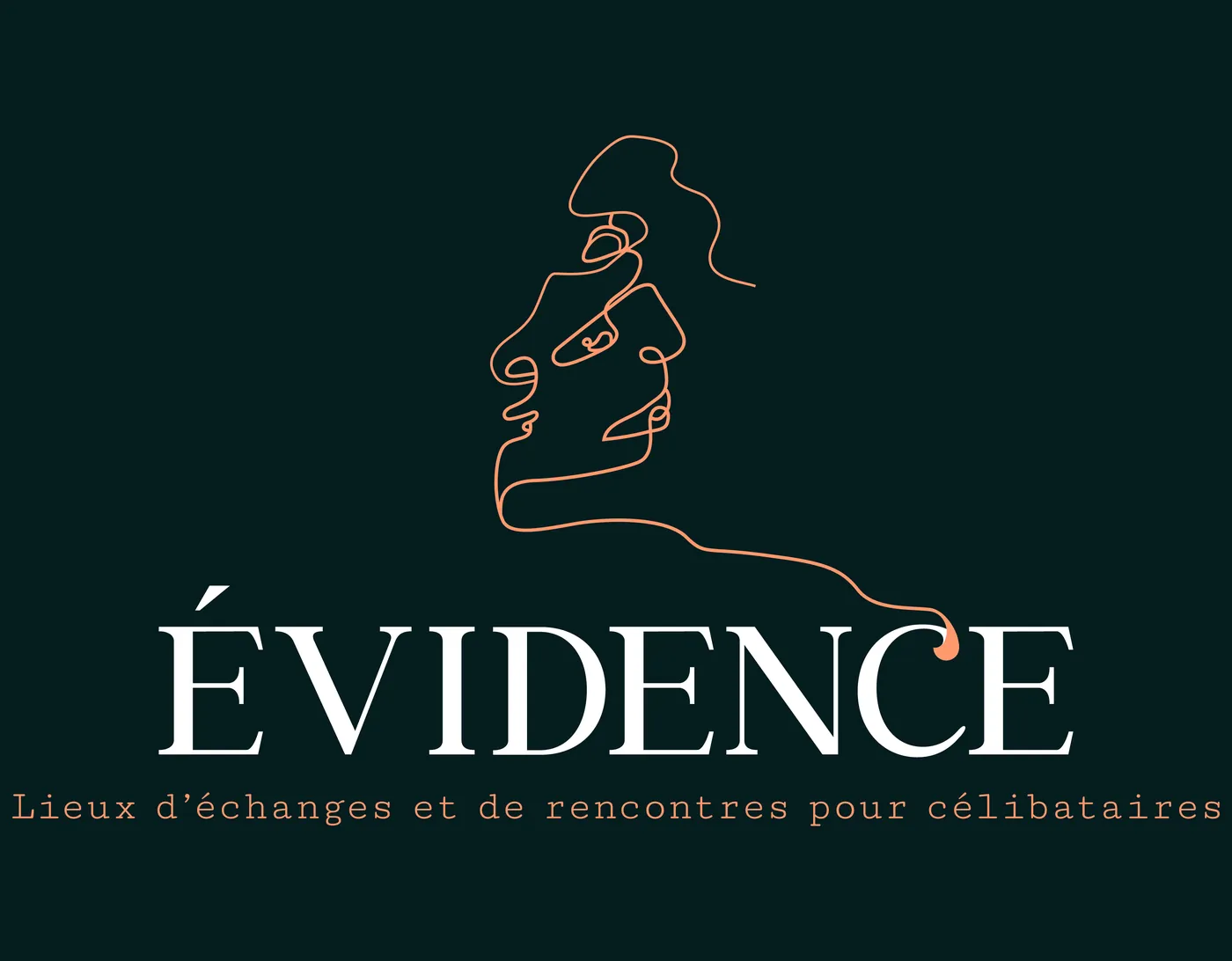 Logo Évidence : deux visages dessinés d'un seul trait orange au-dessus du nom en blanc, sur vert nuit