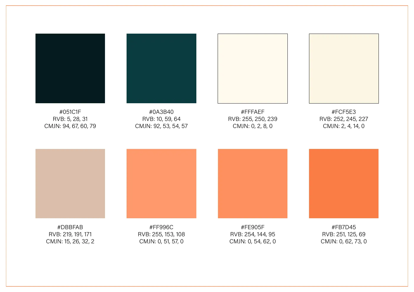 Palette Évidence : deux verts sombres, deux crèmes, un beige rosé et trois oranges, avec codes RVB et CMJN