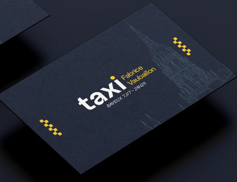 Détail d'une carte : logo taxi blanc au point jaune, « Bayeux 7J/7 – 24H24 », damiers et cathédrale au trait