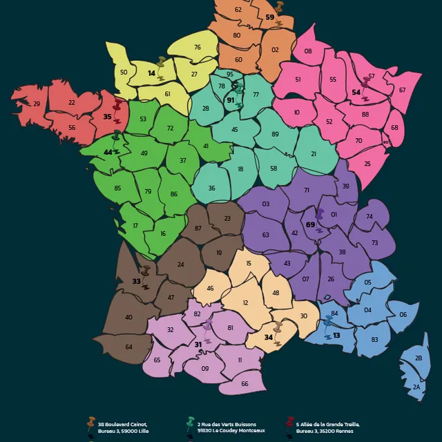 Carte de France illustrée des agences France Entretien Energie, régions en couleurs