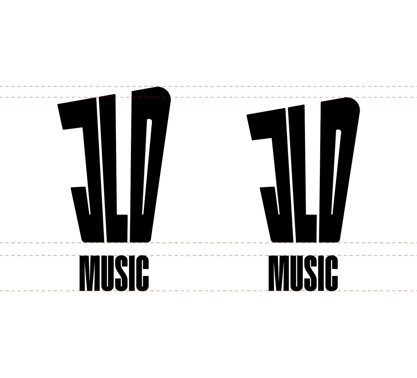 Deux versions du logo JLD Music côte à côte avec lignes de repère horizontales pour ajuster les formes