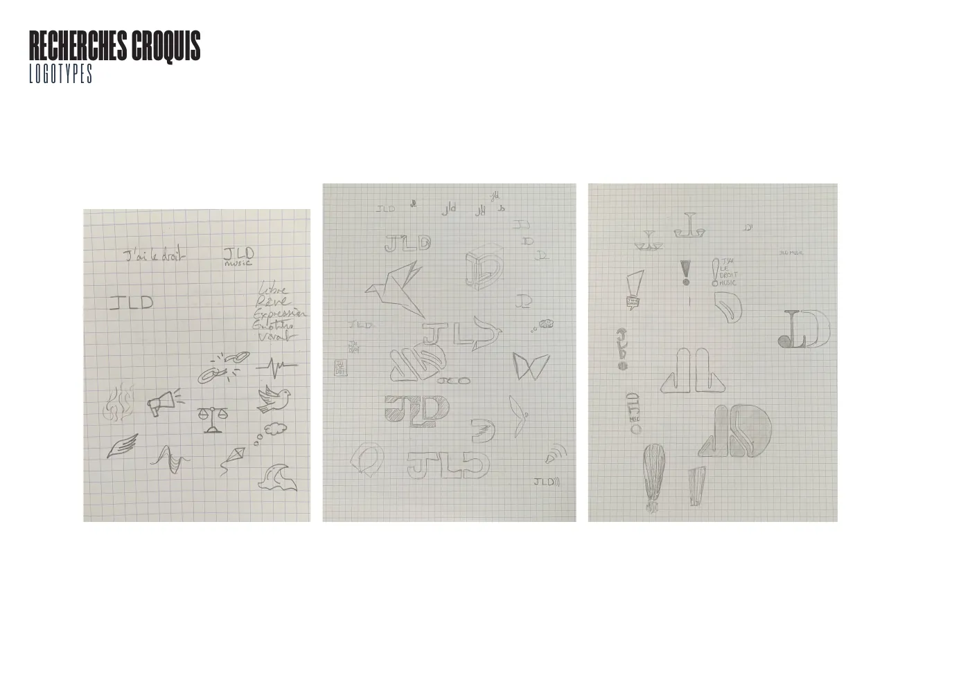 Planche « Recherches croquis » : trois pages de carnet avec esquisses du monogramme JLD, d'un point d'exclamation et de pictos