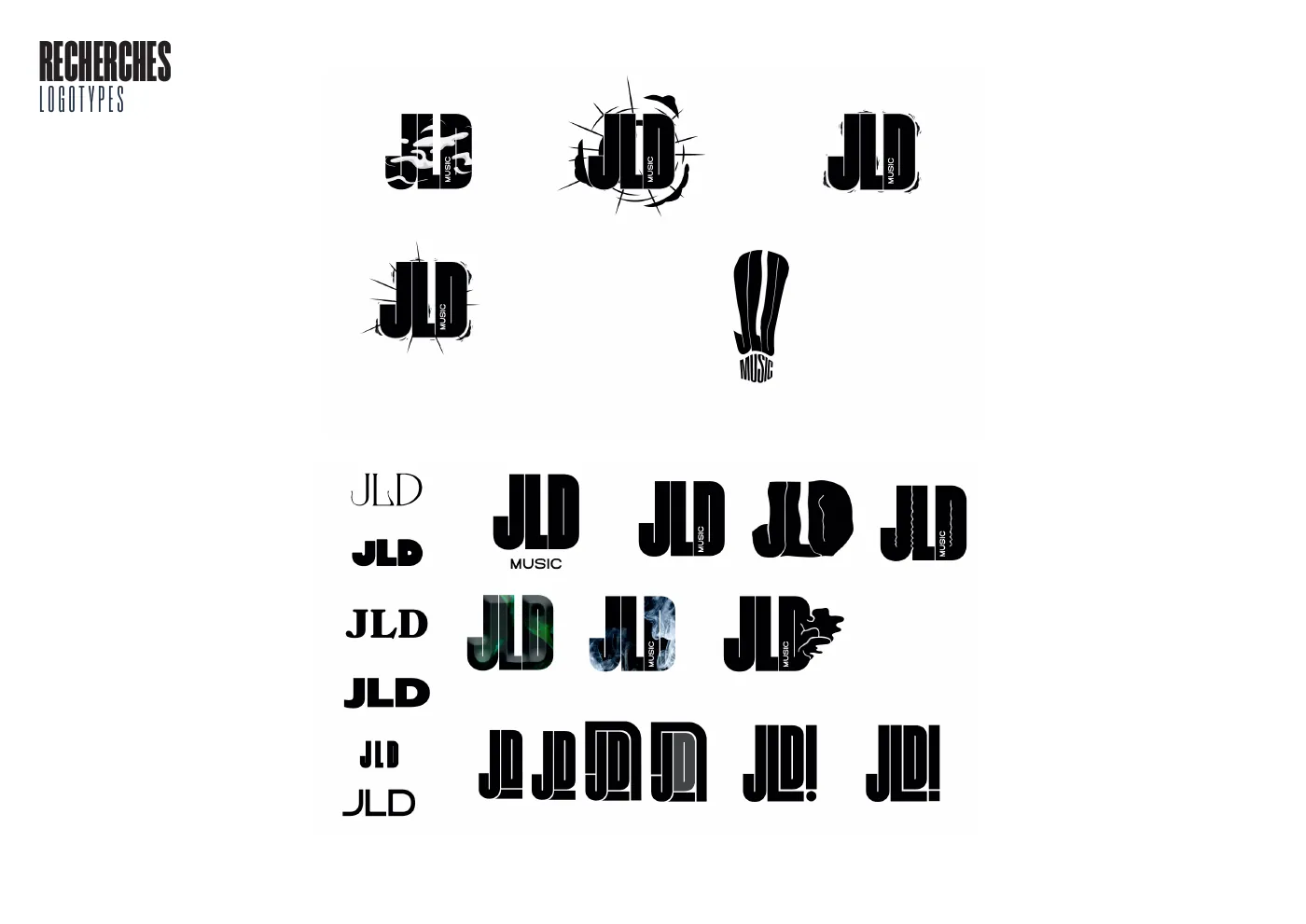 Planche « Recherches logotypes » : nombreuses pistes de monogramme JLD en noir, lettrages et textures variés