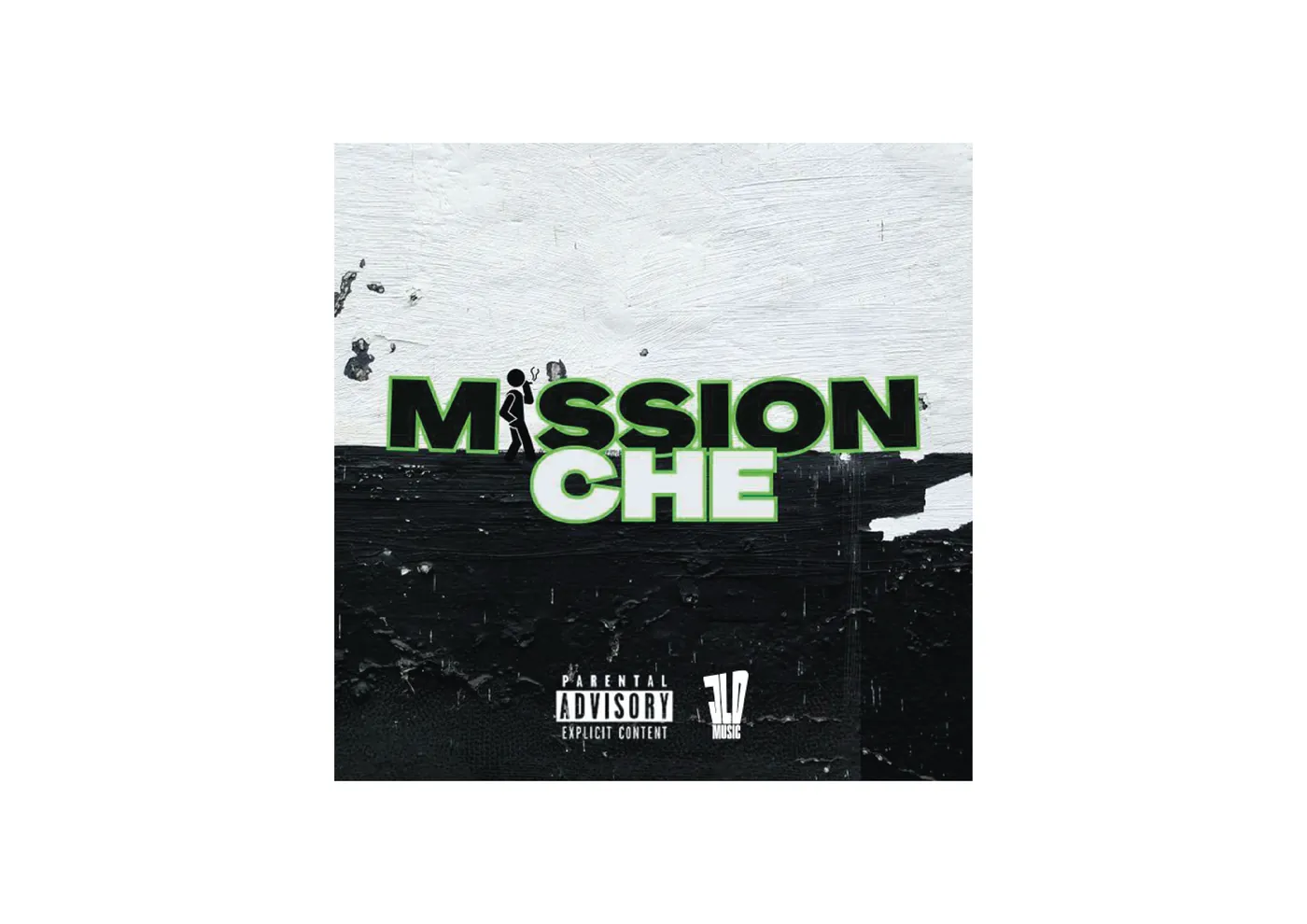 Pochette « Mission CHE » marquée du logo JLD Music à côté du logo Parental Advisory, centrée sur une page blanche
