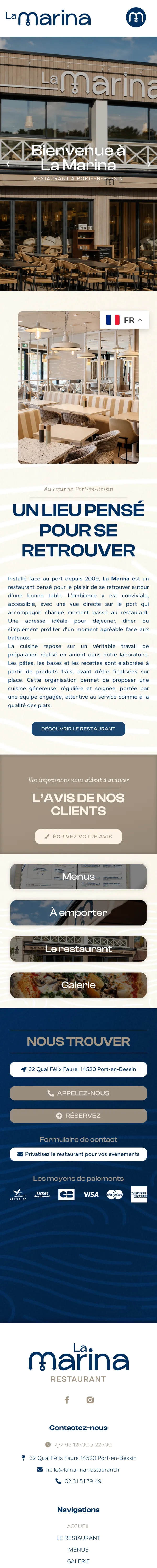 Le site lamarina-restaurant.fr sur téléphone : façade en diaporama, salle, texte d'accueil, accès menus et galerie
