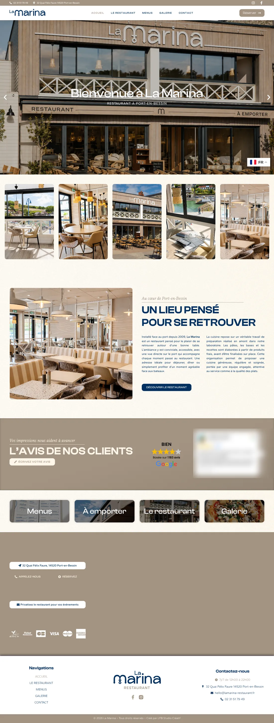 Page d'accueil de lamarina-restaurant.fr sur ordinateur : diaporama de la façade, présentation, avis, accès aux menus