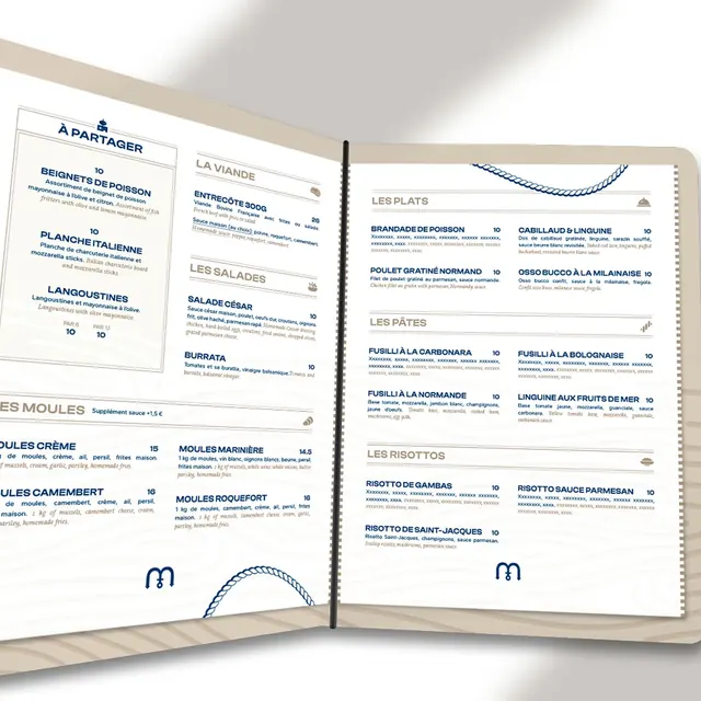 Menu ouvert du restaurant La Marina, pages crème bordées de cordages
