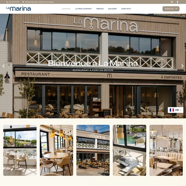 Page d'accueil du site du restaurant La Marina sur ordinateur, façade en bannière