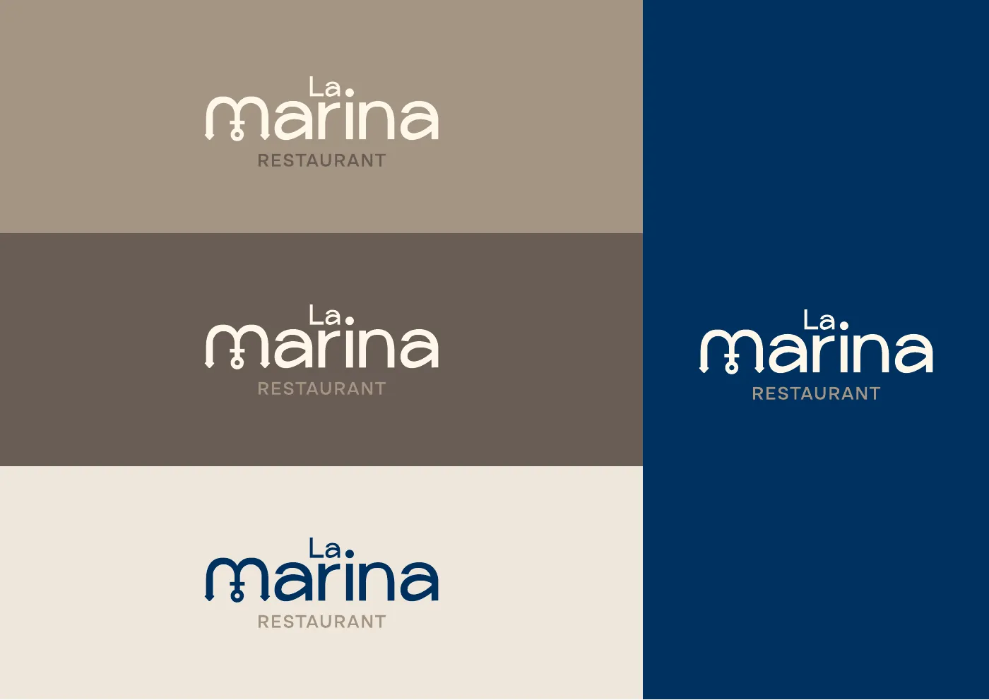 Page de la charte : le logo La Marina décliné sur aplats camel, marron, beige et bleu roi