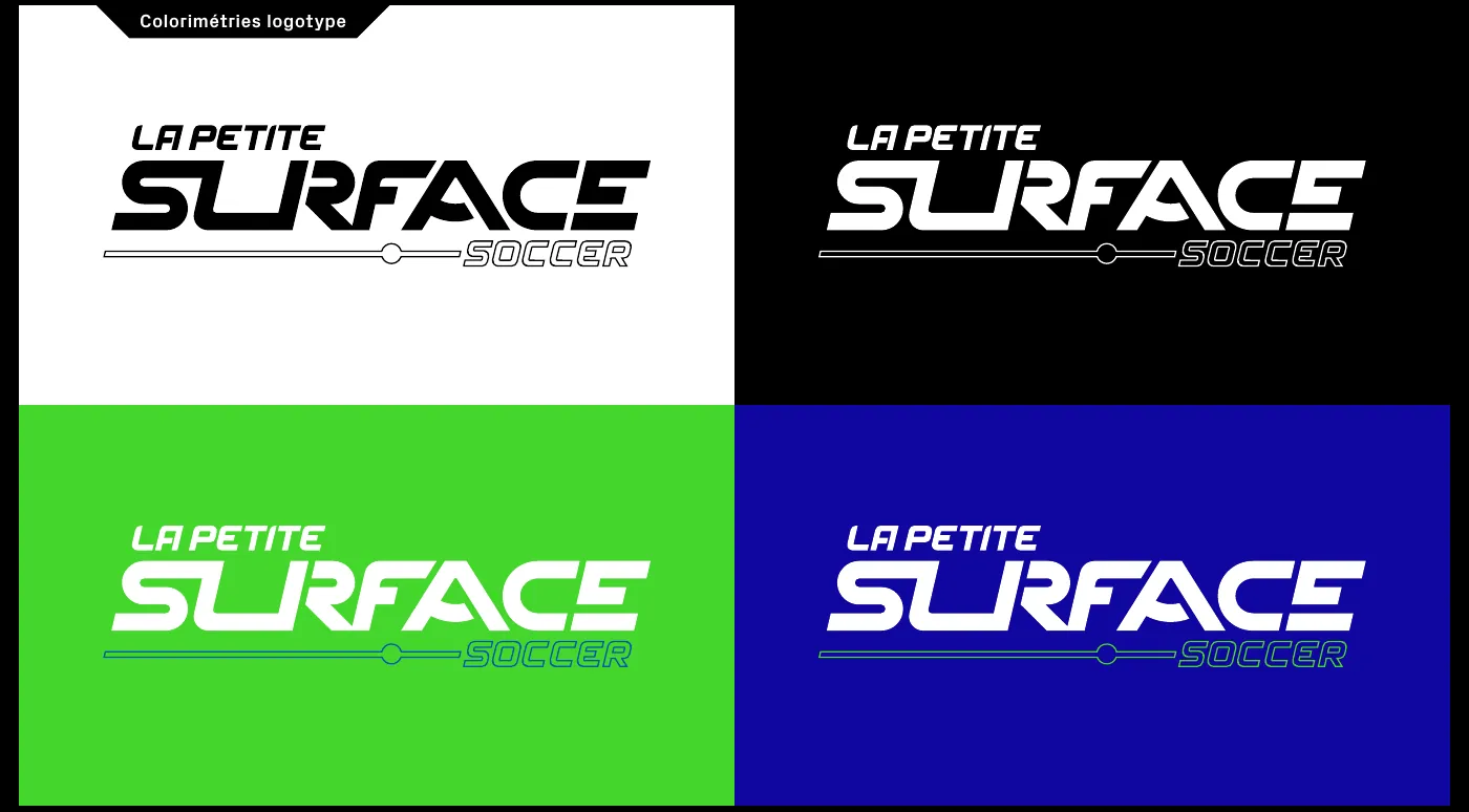 Logo décliné en noir sur blanc, blanc sur noir, blanc sur vert fluo et blanc sur bleu, extrait de la charte