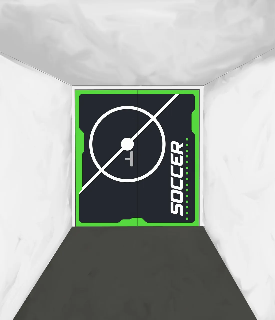 Mise en situation d'une double porte noire bordée de vert : mot « Soccer » vertical et tracé de terrain avec rond central