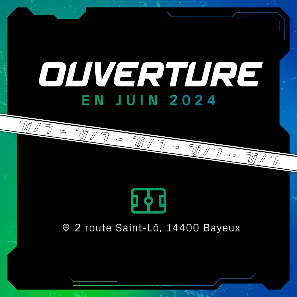 Post Instagram « Ouverture en juin 2024 » : texte blanc sur fond noir, cadre dégradé, bandeau « 4 vs 4 », adresse à Bayeux
