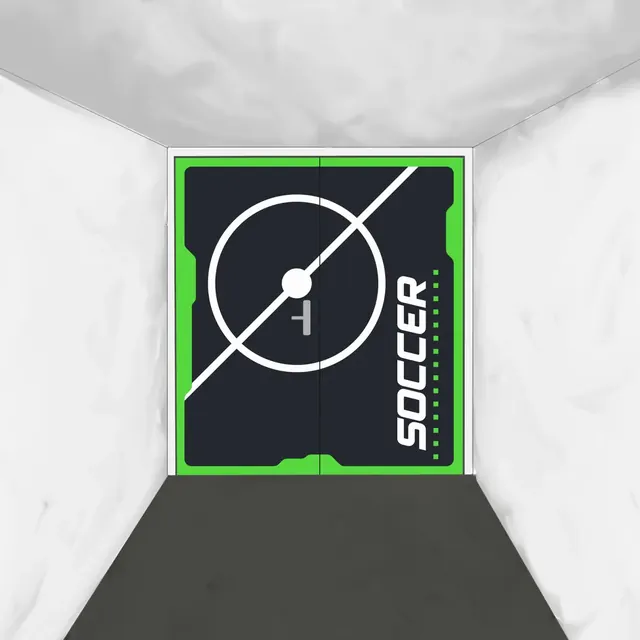 Signalétique des portes de La Petite Surface : mot Soccer vertical et tracés verts
