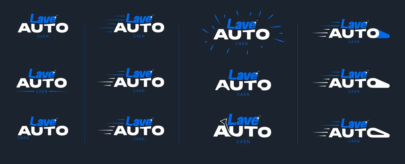 Douze essais de déclinaison du logo Lave Auto en blanc et bleu sur bleu nuit : étincelles, traits, silhouettes de voiture
