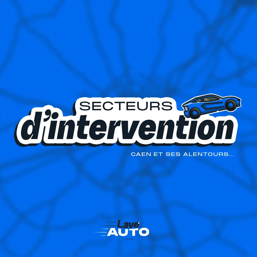 Visuel Instagram « Secteurs d'intervention – Caen et ses alentours » sur fond bleu à motif de plan routier