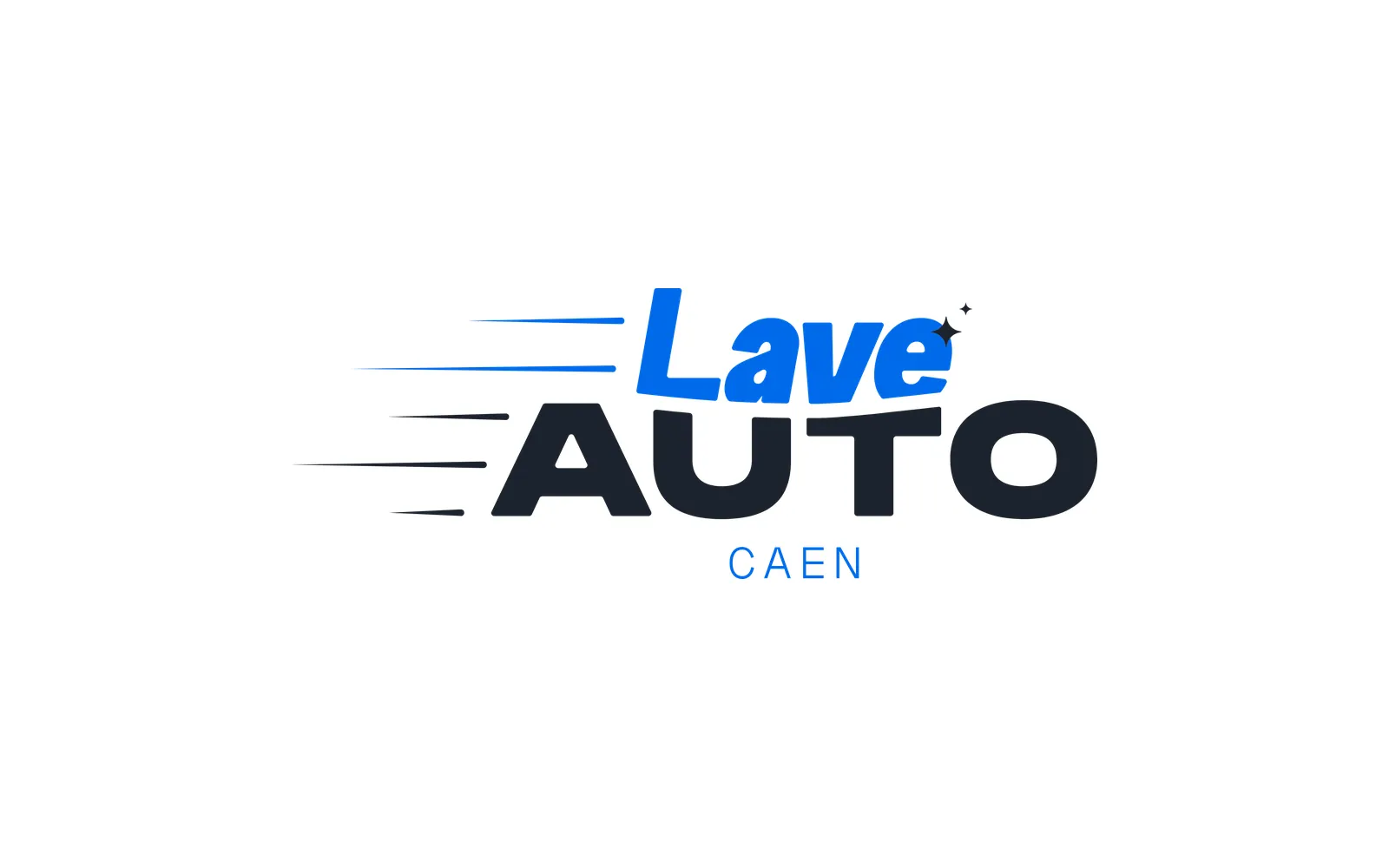 Logo Lave Auto Caen : « Lave » en italique bleu, « AUTO » en capitales bleu nuit, traits de vitesse et petite étincelle