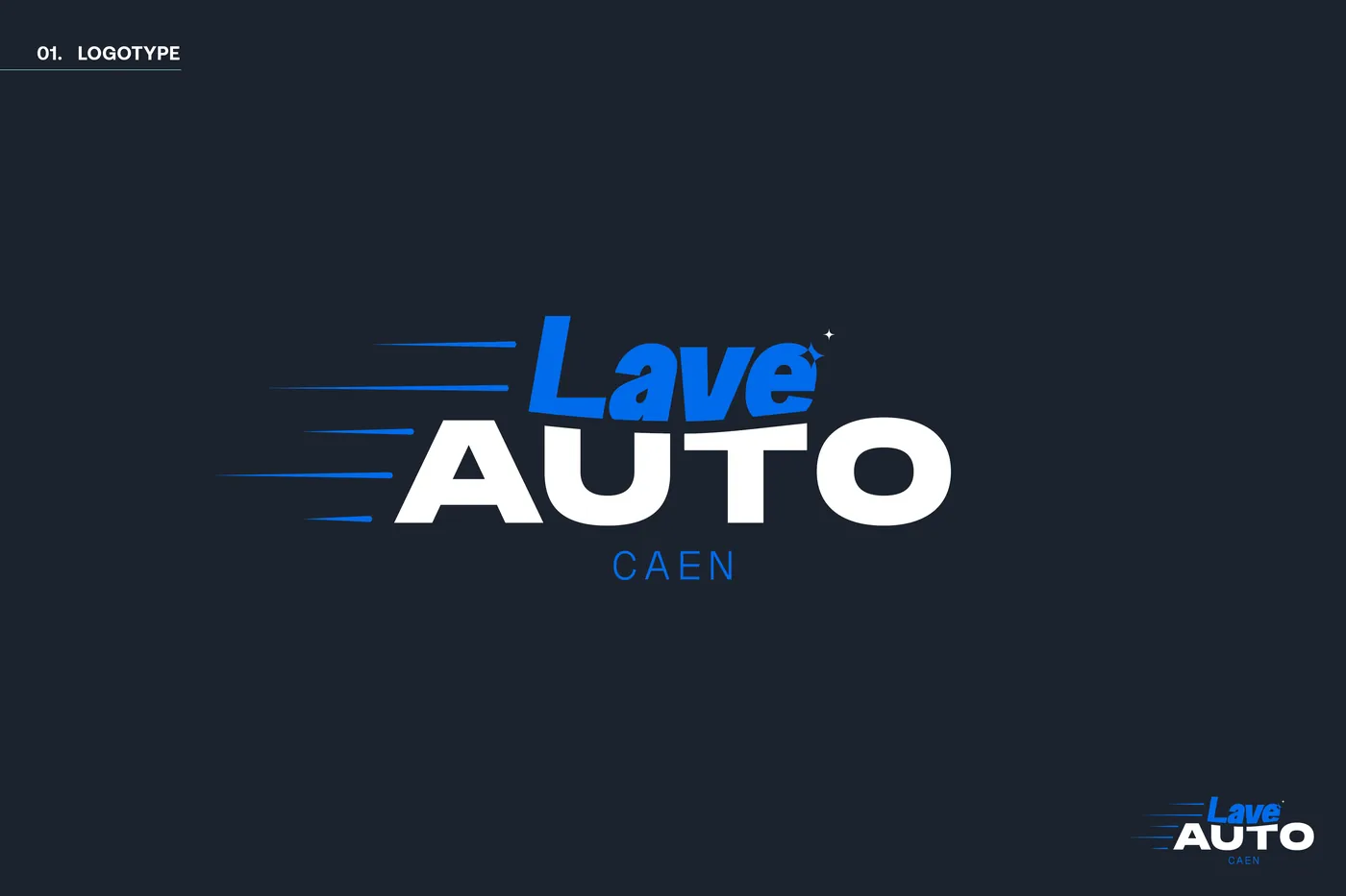 Page « 01. Logotype » de la charte : logo Lave Auto Caen en blanc et bleu sur fond bleu nuit