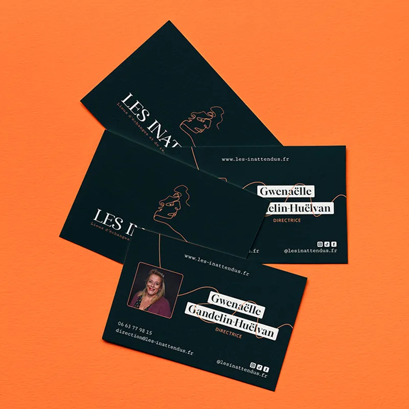 Cartes de visite Les Inattendus vert nuit sur fond orange