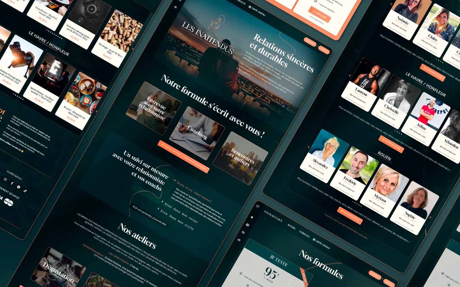 Pages du site e-commerce Les Inattendus, vert nuit et touches d'orange