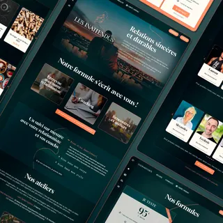 Pages du site e-commerce Les Inattendus, vert nuit et orange : ateliers, formules et coachs