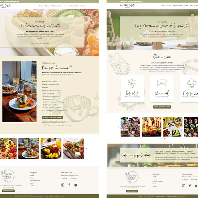 Deux pages du site Les Petits Buffets, vert olive et crème, avec photos de brunch