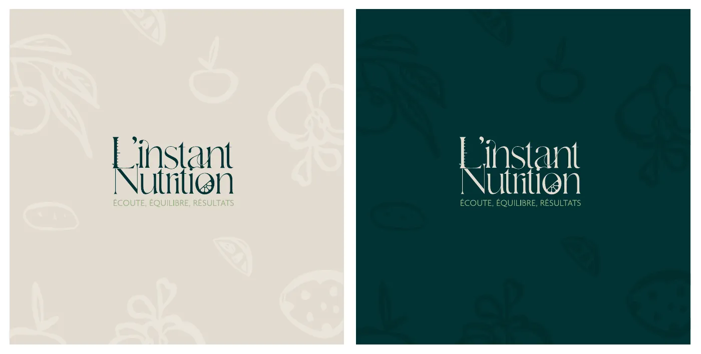 Premières propositions du logo sur fonds beige et vert sapin, ornés de fruits et légumes dessinés au trait