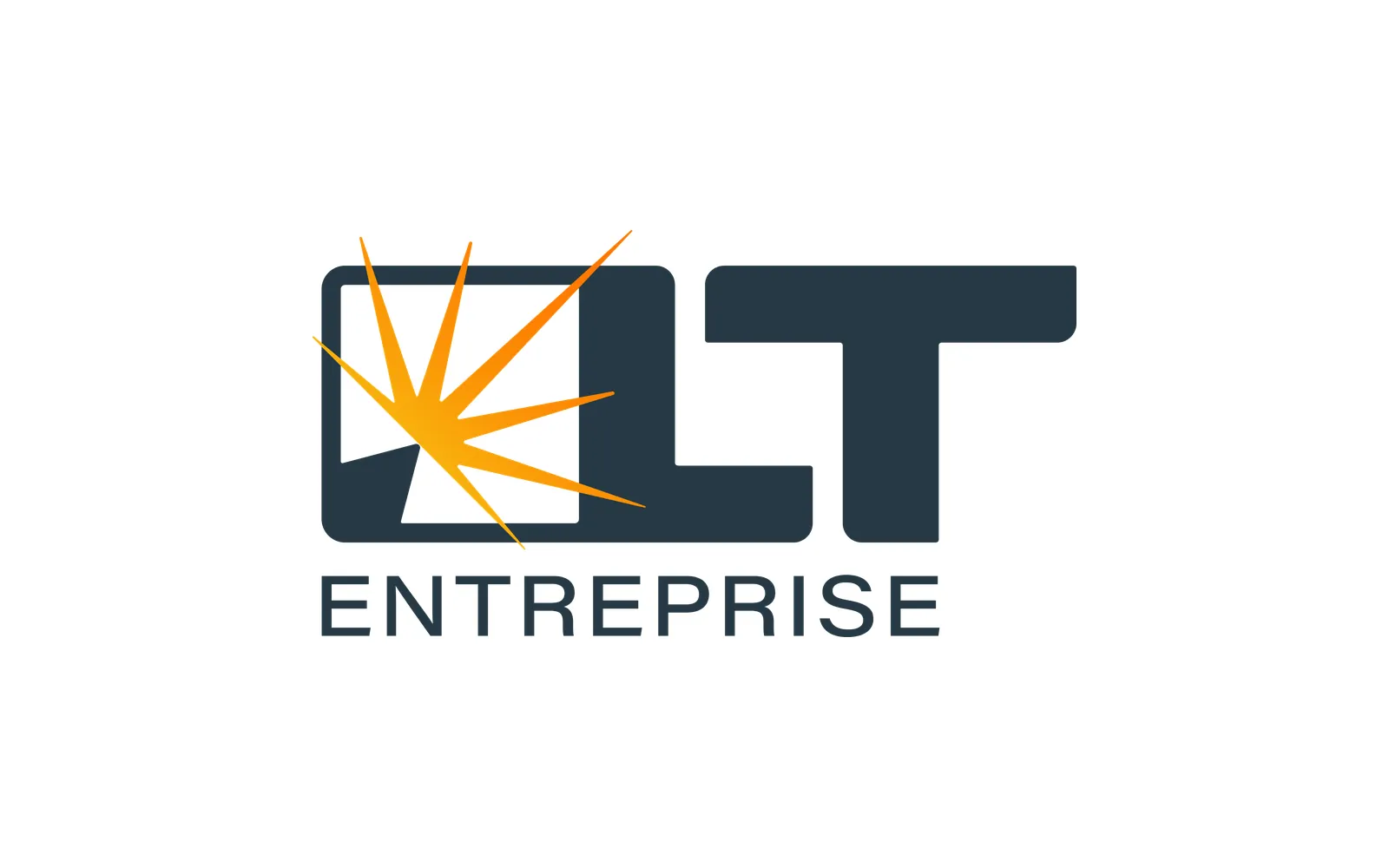 Logo LT Entreprise : lettres LT bleu ardoise, carré ouvert traversé d'une gerbe d'étincelles orange, mot ENTREPRISE
