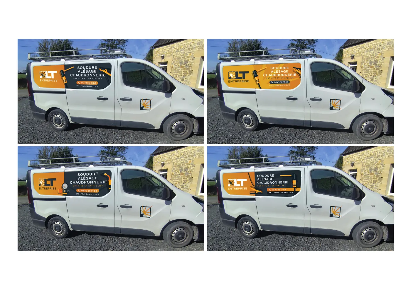 Quatre pistes de covering sur la même photo du camion : variantes de panneau latéral orange et bleu nuit